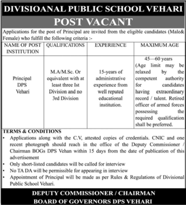 Divisional Public School DPS Vehari Jobs August 2022