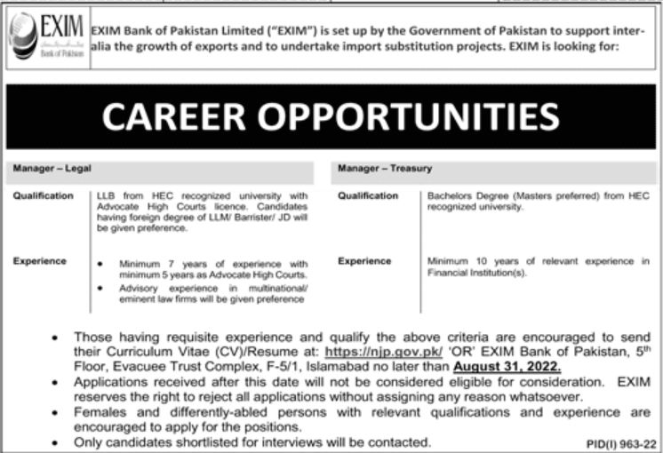 EXIM Bank of Pakistan Limited Jobs August 2022