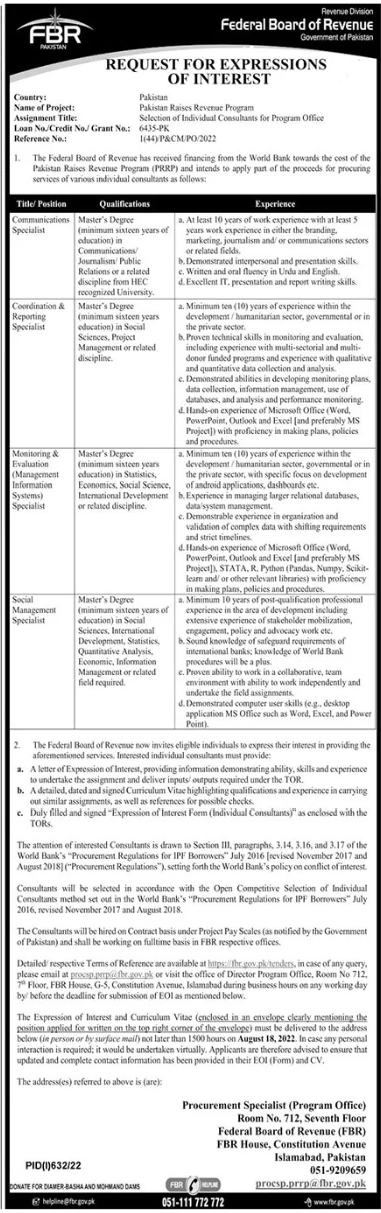 FBR Pakistan Jobs August 2022