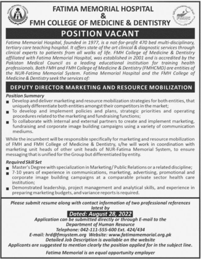 Fatima Memorial Hospital Jobs August 2022
