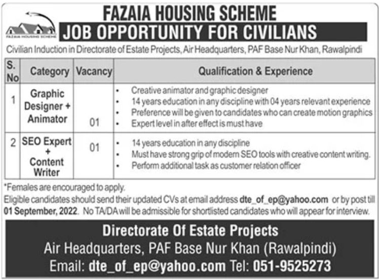 Fazaia Housing Scheme Jobs August 2022