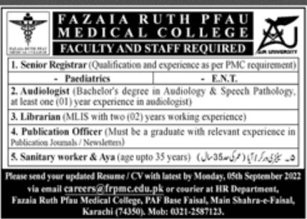 Fazaia Ruth PFAU Medical College Jobs August 2022