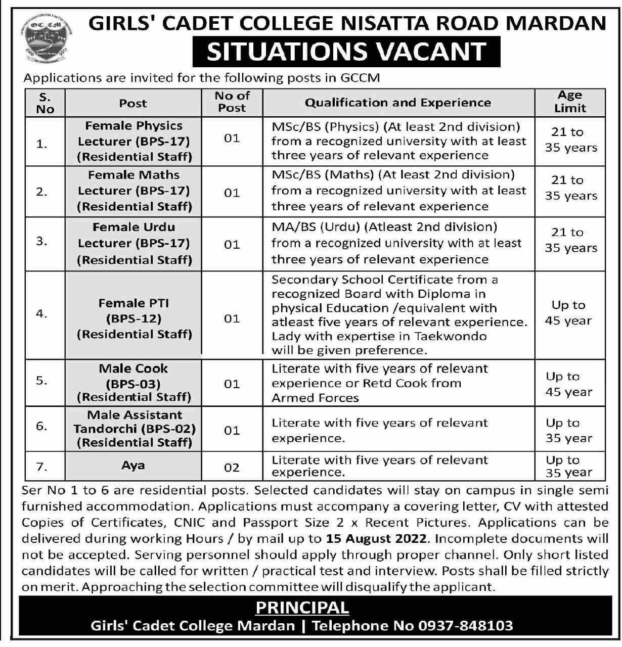 Girl's Cadet College Nisatta Road Mardan Jobs July 2022