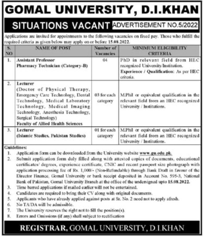 Gomal University DI Khan Jobs August 2022