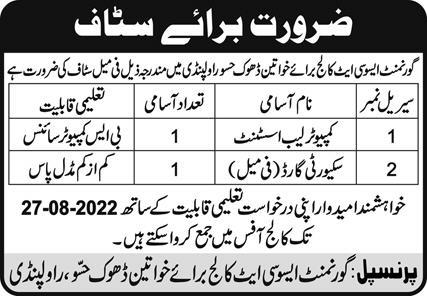 Government Associate College for Women Jobs August 2022