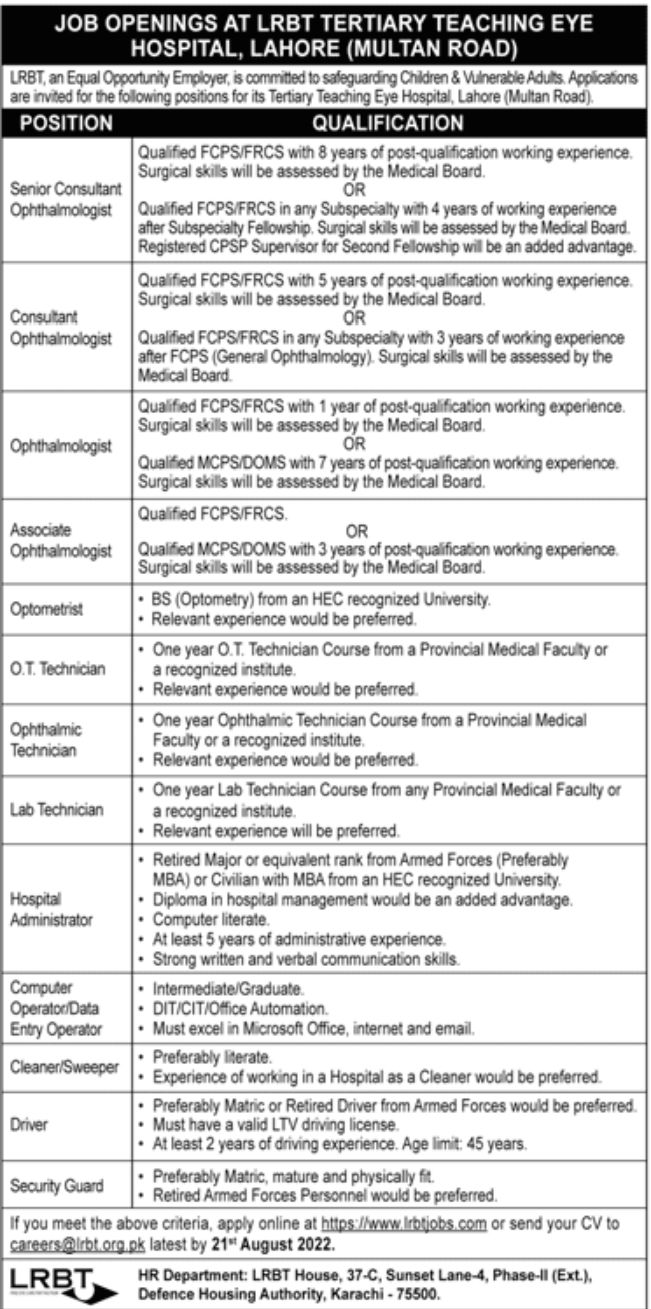 LRBT Tertiary Teaching Eye Hospital Lahore Jobs August 2022