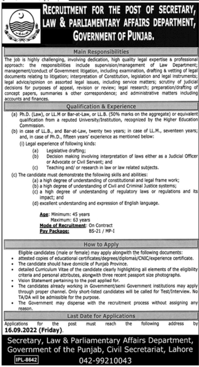 Law & Parliamentary Affairs Department Jobs August 2022