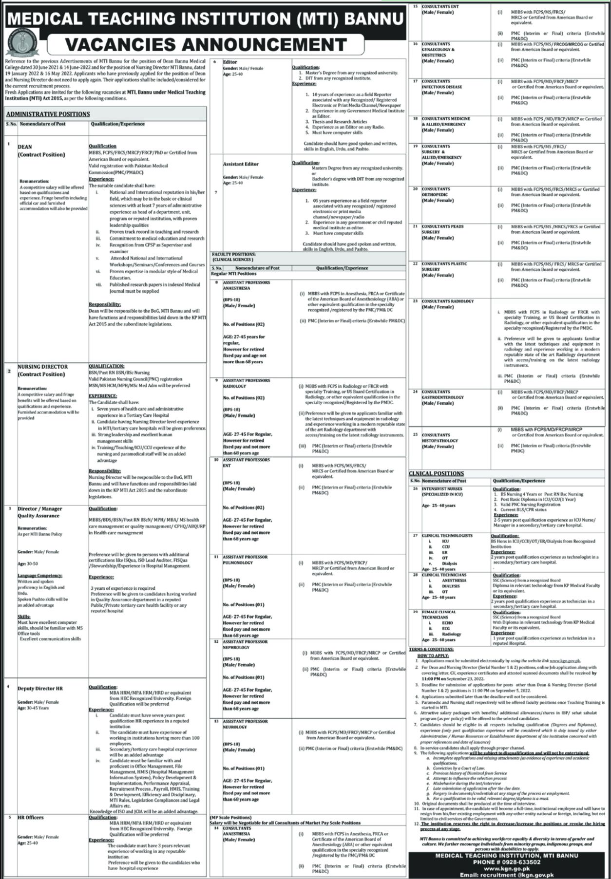 Medical Teaching Institution MTI Bannu Jobs August 2022
