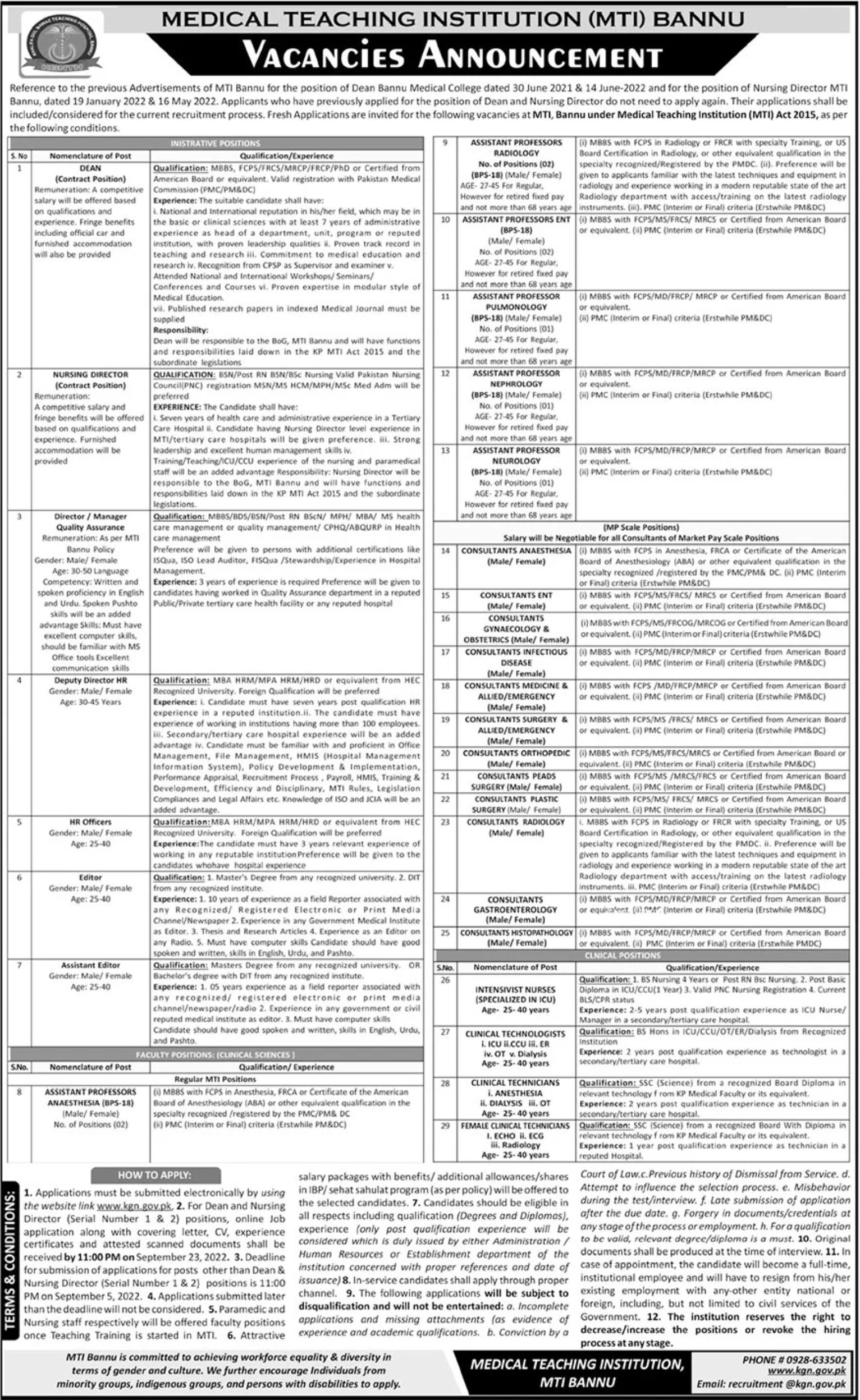 Medical Teaching Institution MTI Bannu Jobs August 2022