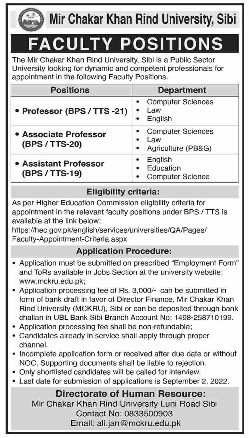 Mir Chakar Khan Rind University Sibi Jobs August 2022