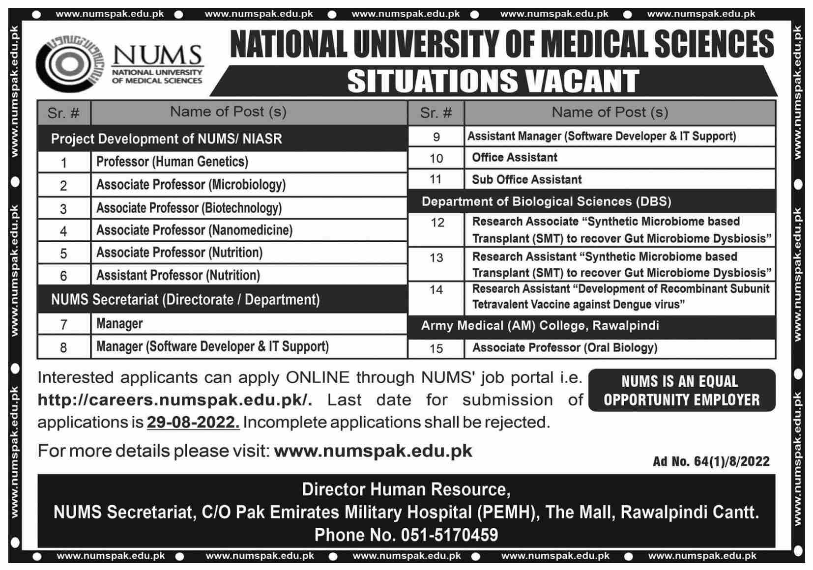 National University of Medical Sciences NUMS Jobs August 2022