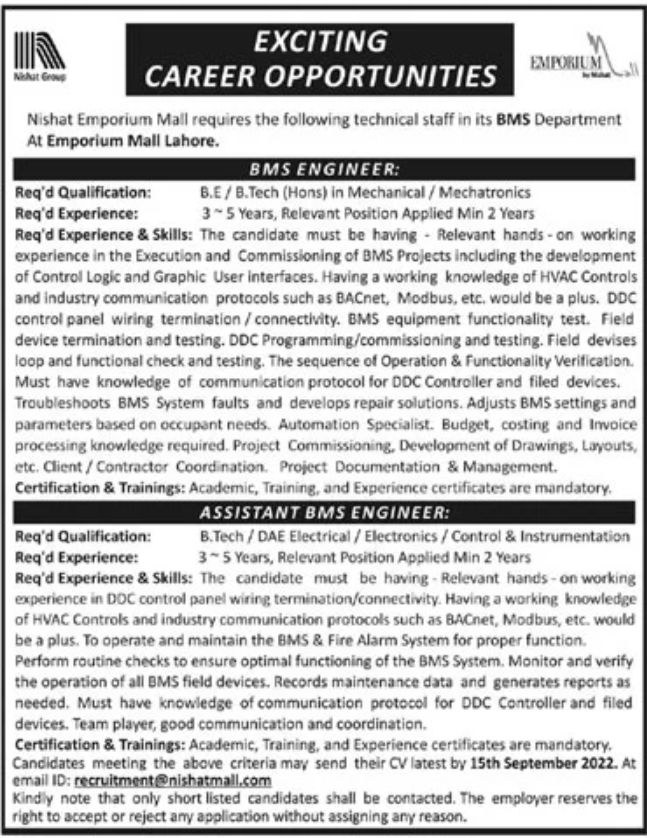 Nishat Emporium Mall Jobs August 2022
