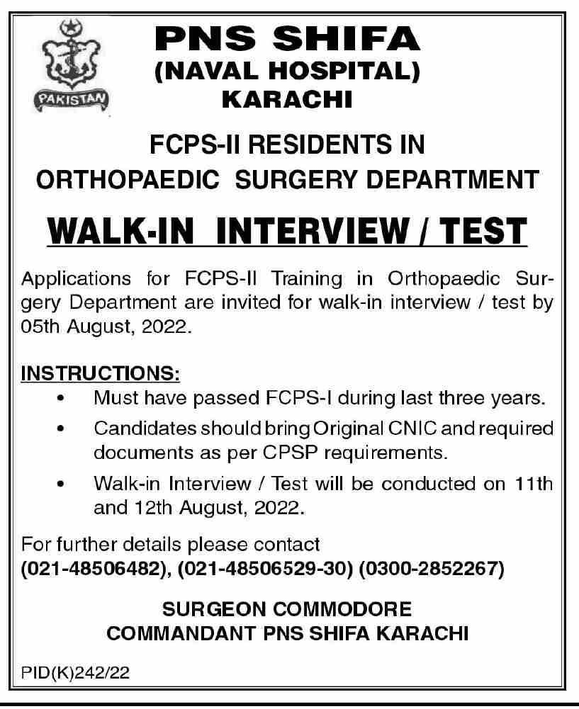PNS Shifa Naval Hospital Jobs August 2022