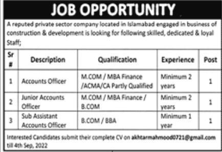 Private Sector Company Islamabad Jobs August 2022