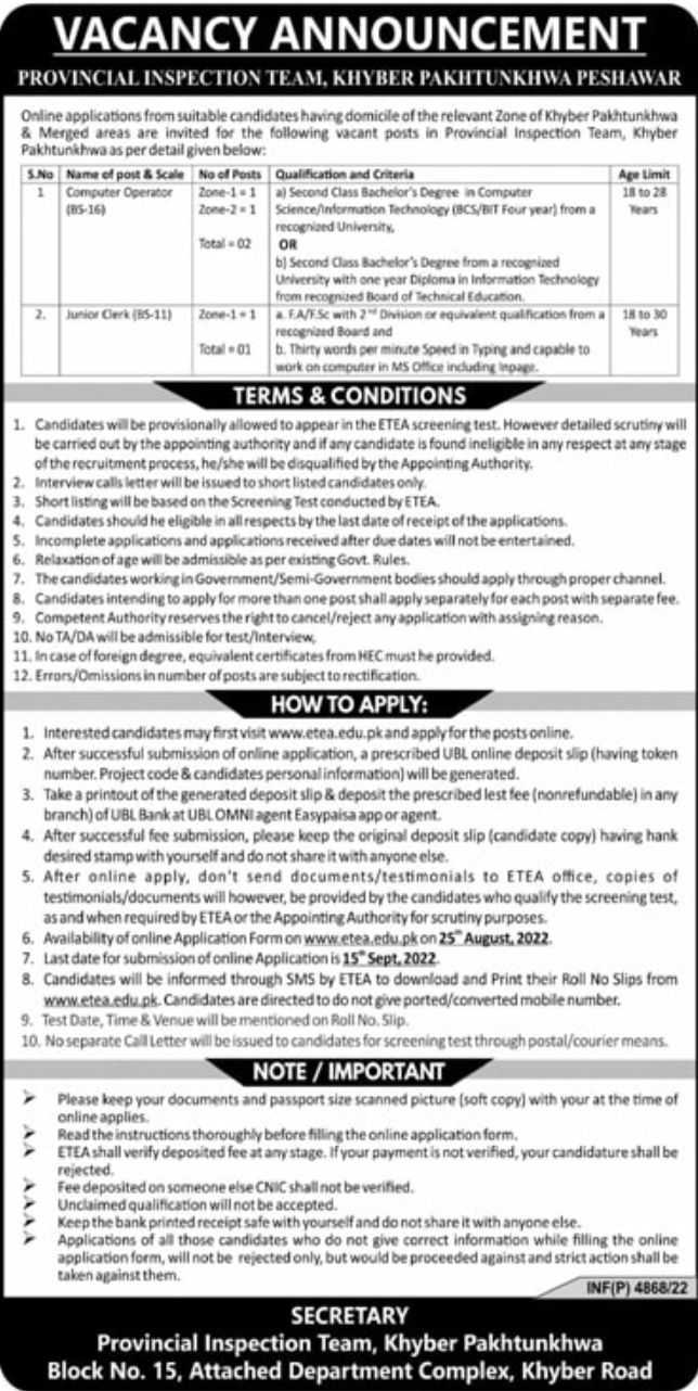 Provincial Inspection Team Khyber Pakhtunkhwa Jobs August 2022