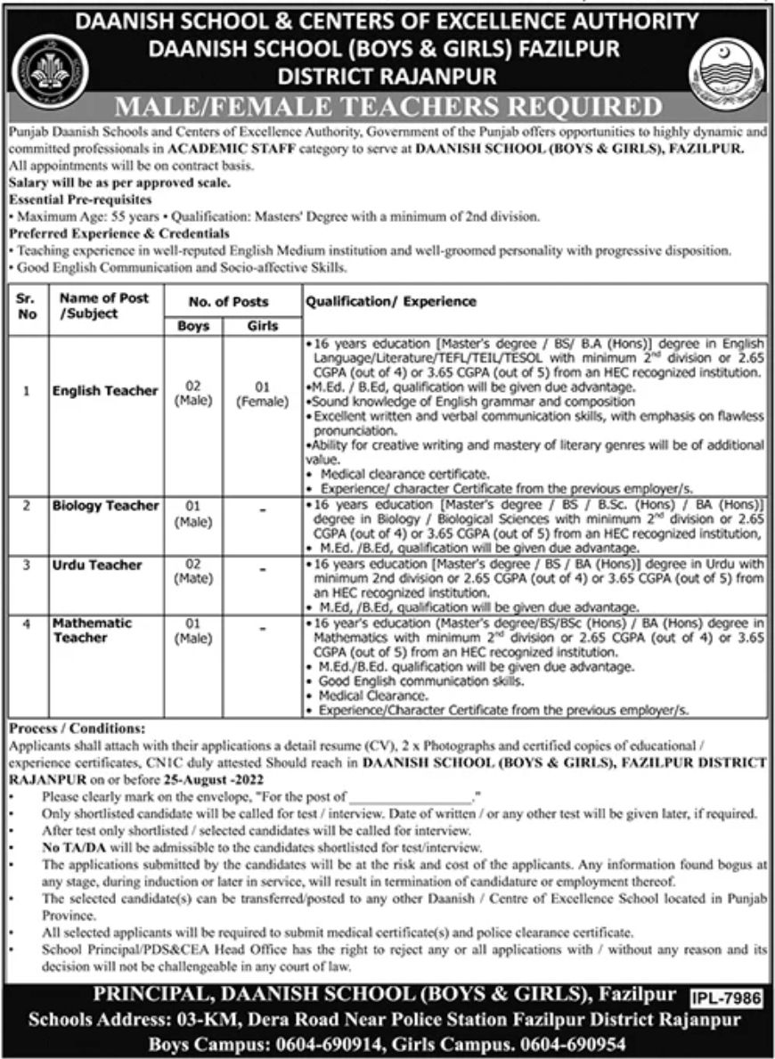 Punjab Daanish Schools and Centers of Excellence Authority Jobs August 2022