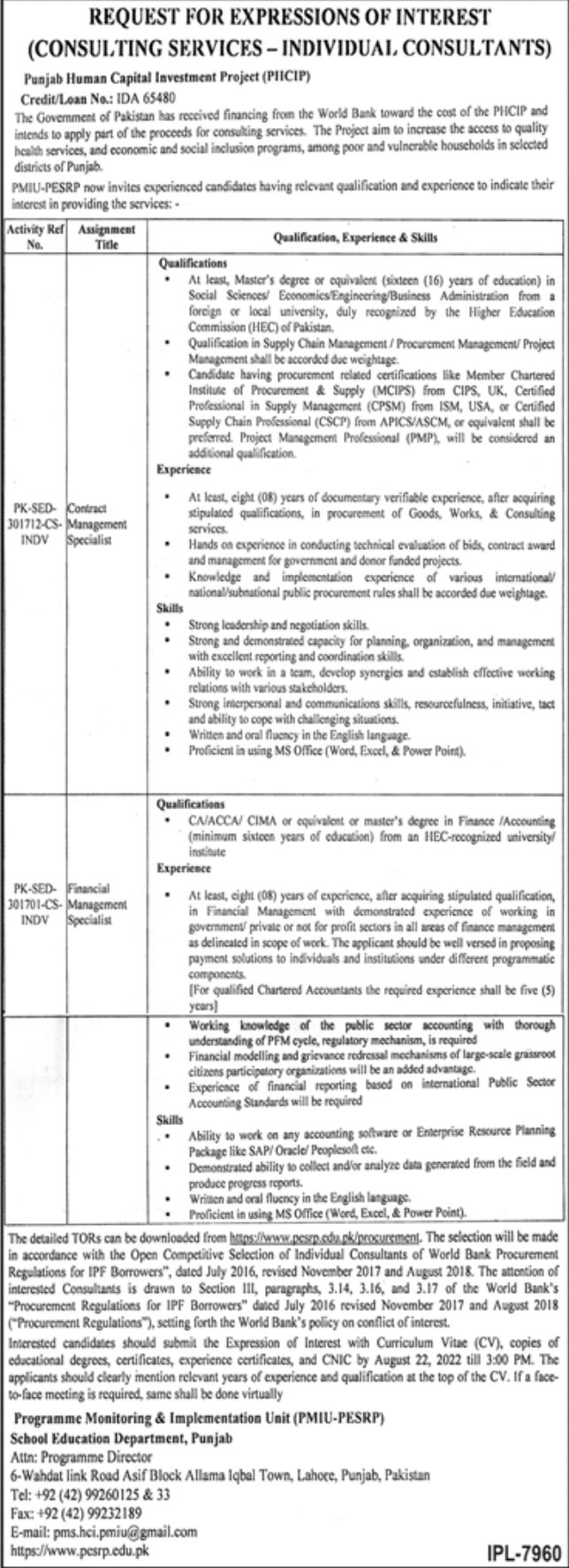 Punjab Human Capital Investment Project Jobs August 2022