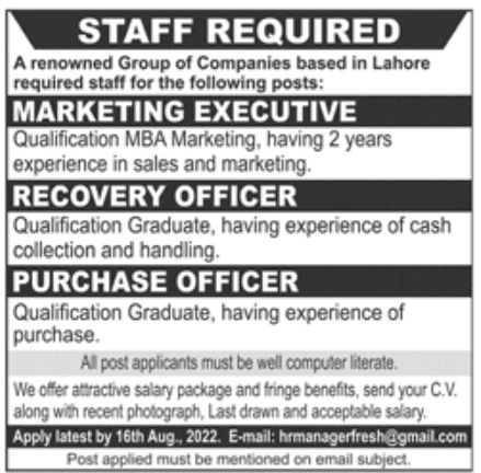 Renowned Group of Companies Lahore Jobs August 2022