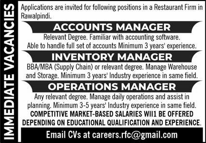 Restaurant Firm Rawalpindi Jobs August 2022