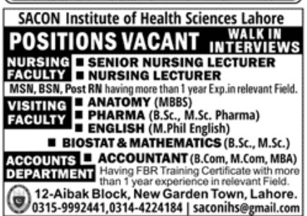 SACON Institute of Health Sciences Lahore Jobs August 2022