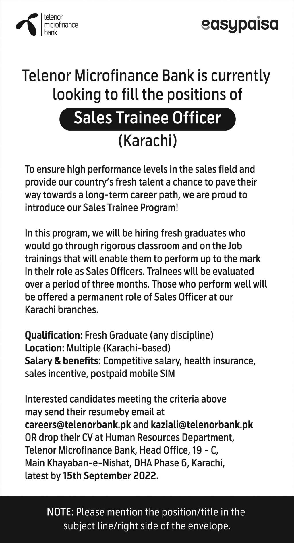 Telenor Microfinance Bank Jobs August 2022