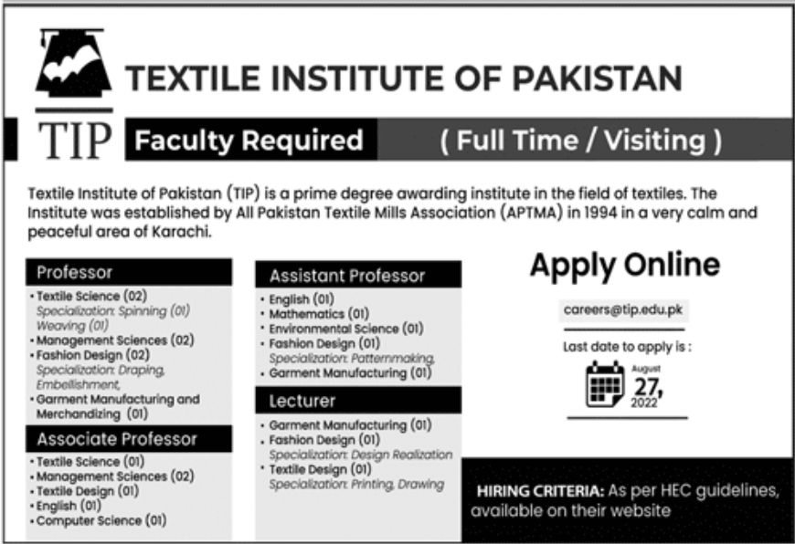 Textile Institute of Pakistan Jobs August 2022
