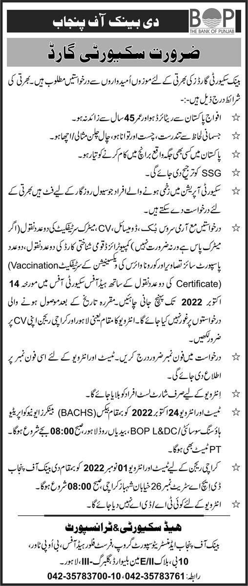 The Bank of Punjab Jobs August 2022