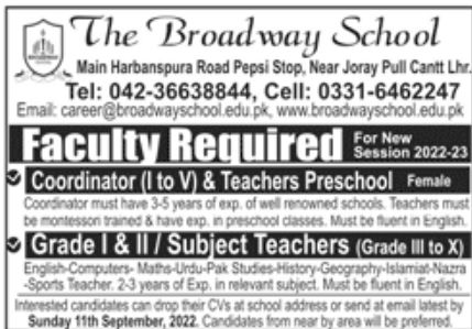 The Broadway School Lahore Jobs August 2022