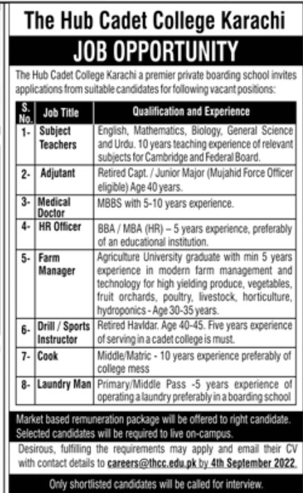 The Hub Cadet College Karachi Jobs August 2022