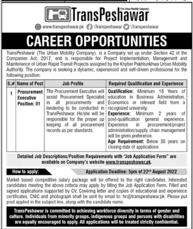 TransPeshawar Jobs August 2022
