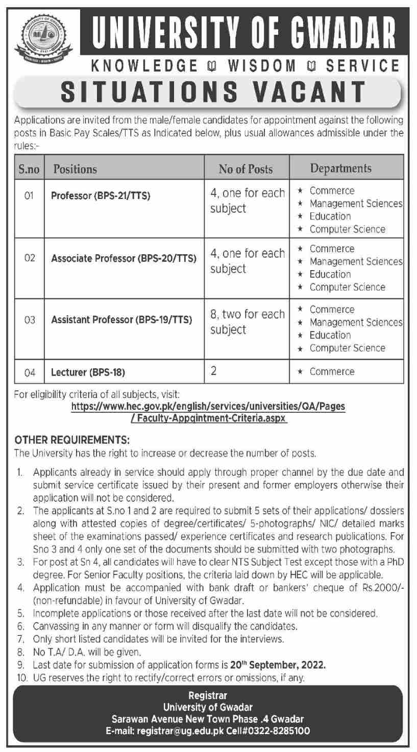University of Gwadar Jobs August 2022