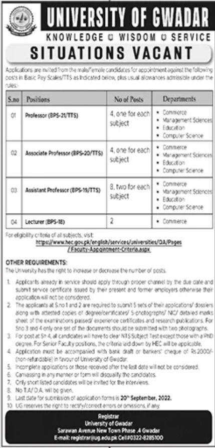 University of Gwadar Jobs August 2022