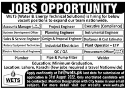 WETS Water & Energy Technical Solutions Jobs August 2022