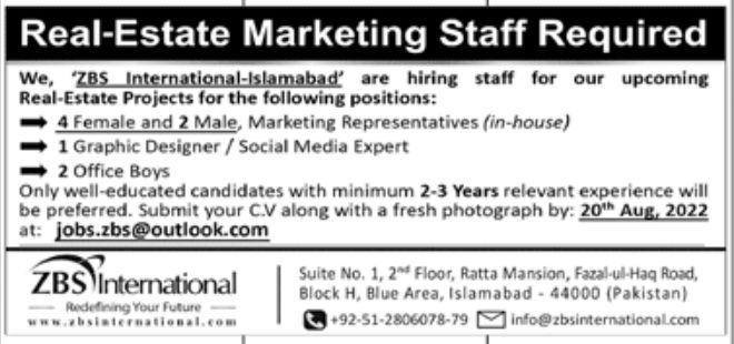 ZBS International Islamabad Jobs August 2022