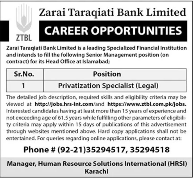 Zarai Taraqiati Bank Limited Jobs August 2022