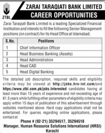 Zarai Taraqiati Bank Limited ZTBL Jobs August 2022