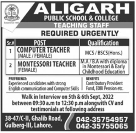 Aligarh Public School & College Jobs September 2022