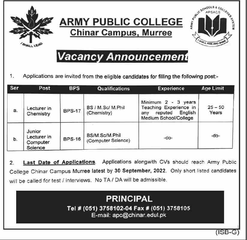 Army Public College Jobs September 2022