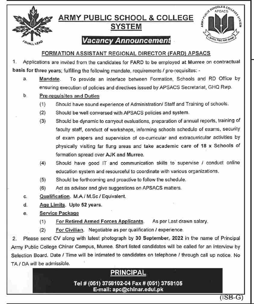 Army Public School & College System Jobs September 2022