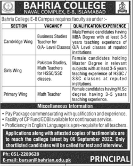 Bahria College Jobs September 2022