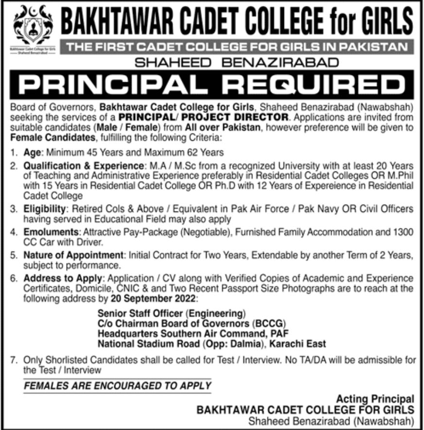 Bakhtawar Cadet College Jobs September 2022