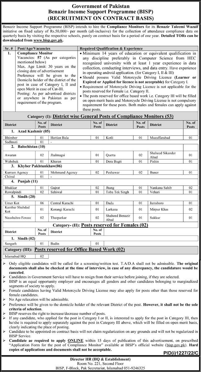 Benazir Income Support Programme BISP Jobs august 2022