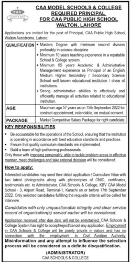 CAA Model Schools & College Jobs September 2022