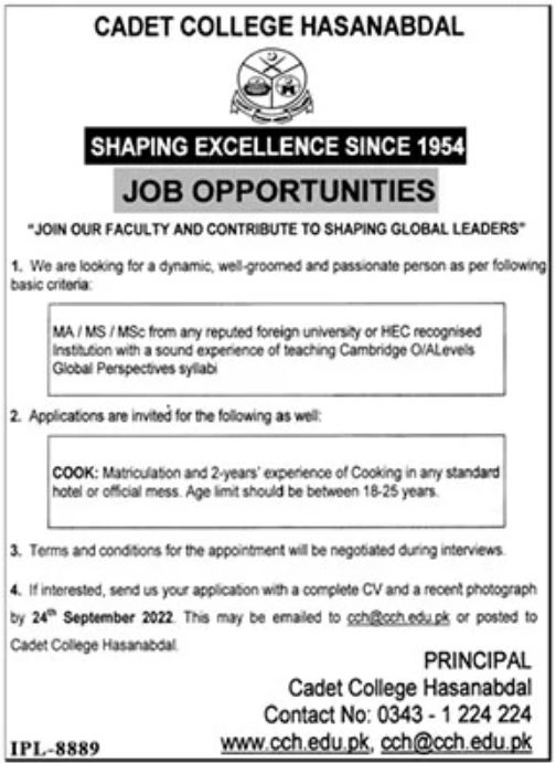Cadet College Hasanabdal Jobs September 2022