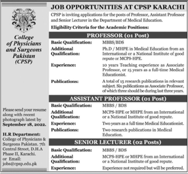College of Physicians and Surgeons Pakistan CPSP Jobs September 2022