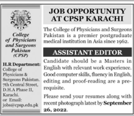 College of Physicians and Surgeons Pakistan Jobs September 2022