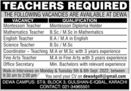 DEWA School Jobs September 2022