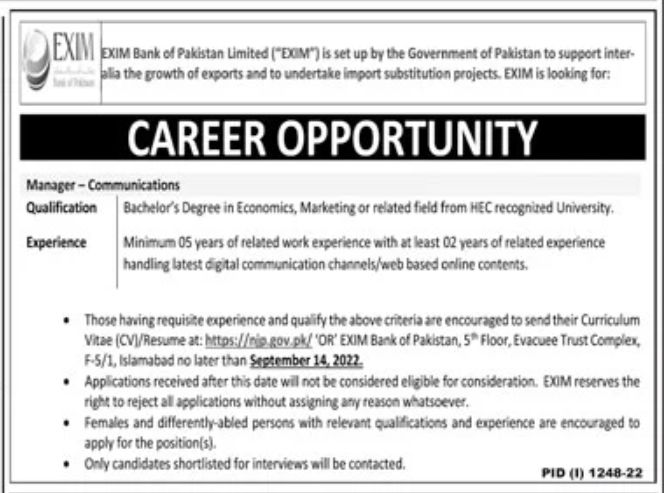 EXIM Bank of Pakistan Limited Jobs September 2022