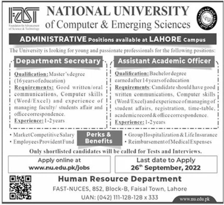 FAST National University of Computer & Emerging Sciences Jobs September 2022