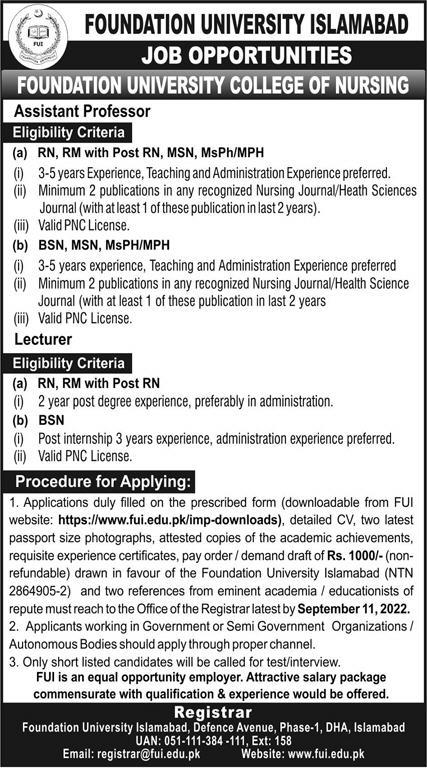 Foundation University Islamabad Jobs September 2022